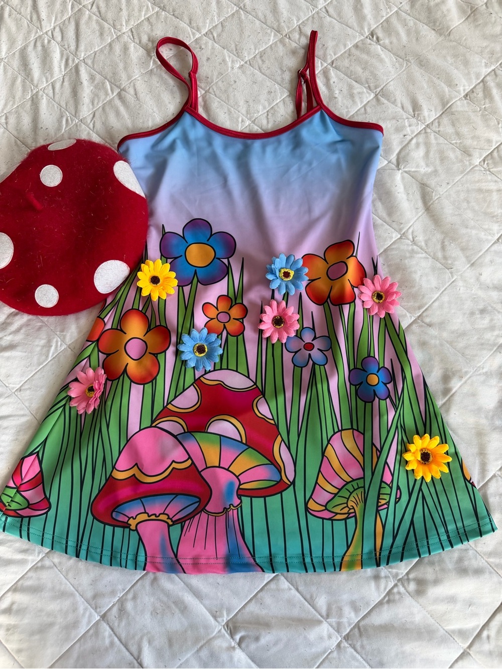 Pink & Blue Ombre Floral Mushroom Mini Dress and mushroom hat